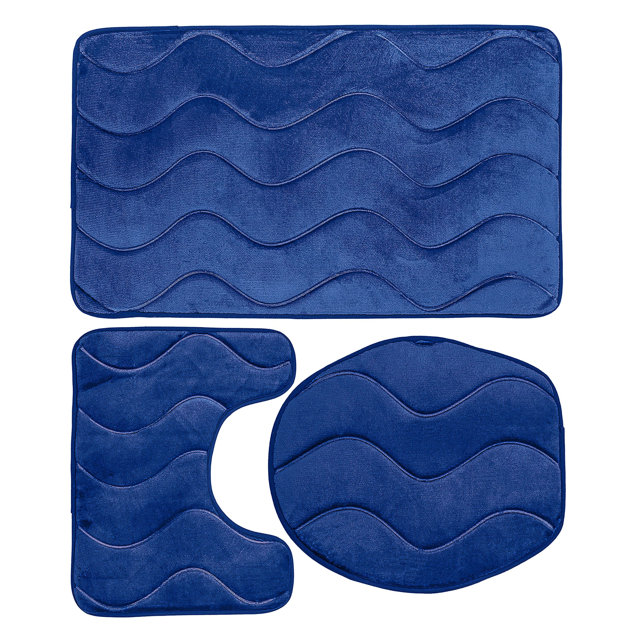 HEDRIX 3PC Memory Foam Bath Mats Soft Plush Crown Design Anti-Slip Shower Bathroom Contour Toilet Lid Cover Rugs (Blue),Standard