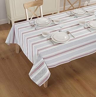 Dobby Stripe Tablecloth. 100% Cotton Ring Spun Mitered Stitched Cotton Tablecloth in Size (60x120 inches). Rectangle/Oblong. Color : Navy- Dark Pink