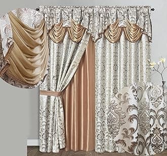 GOHD Samba Star. Jacquard Window Curtain Panel Drape with Attached Fancy Valance and taffeta backing. 2pcs Set. Each pc 54" Wide x 90" Drop with 18" Valance. (SAND)