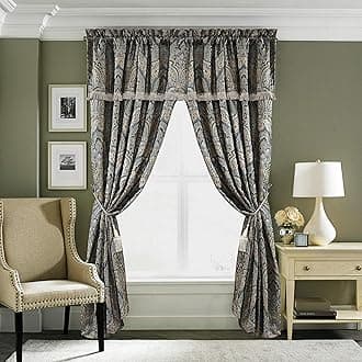 Chezmoi Collection Seville 4-Piece Jacquard Blue Gold Medallion Paisley Window Curtain/Drape Set Sheer Backing,Tassels, Valance