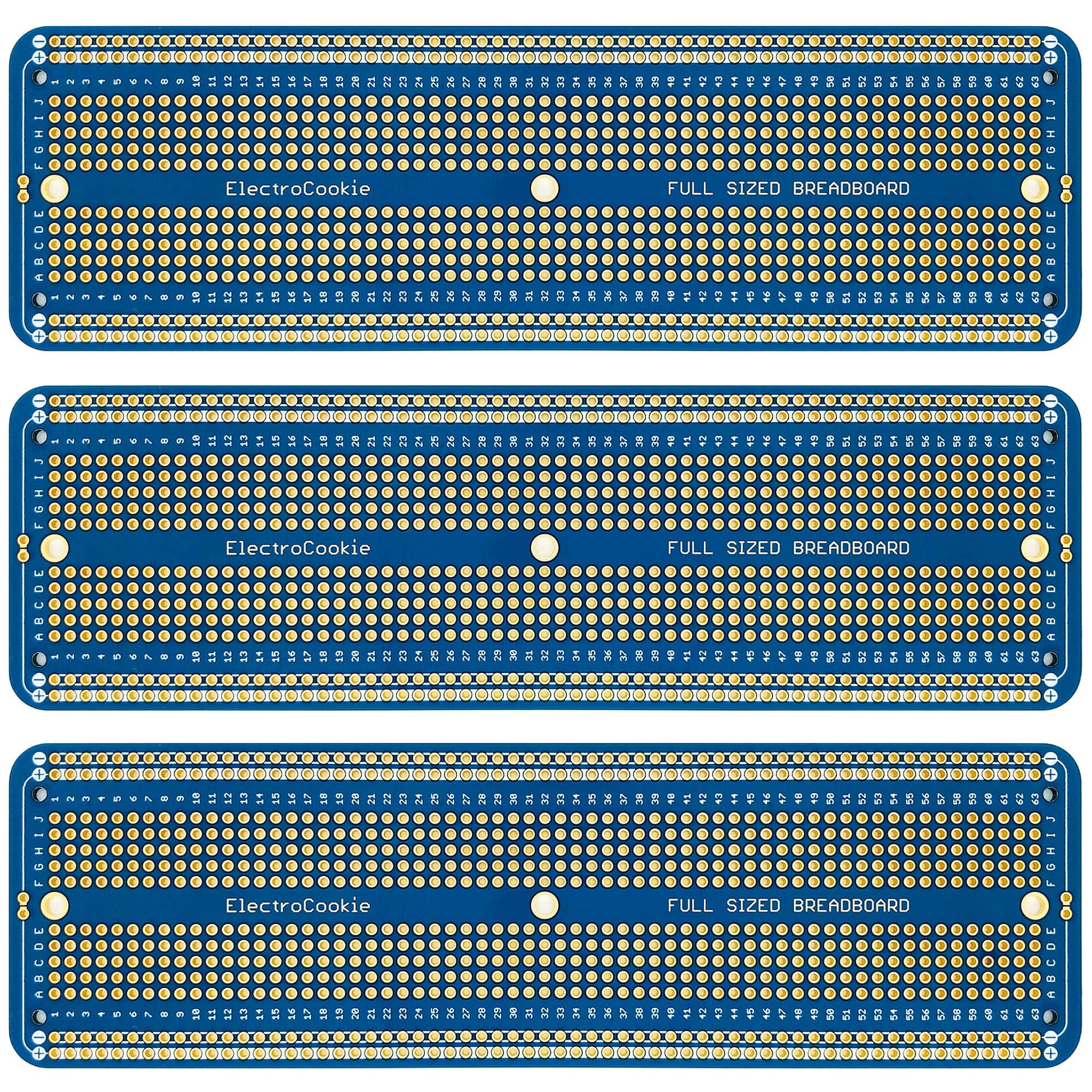 ElectroCookie Solderable Breadboard Large PCB Board for Electronics Projects Compatible for DIY Arduino Soldering Projects, Gold-Plated (3 Pack, Blue)