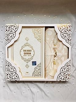 English Translate Thermo Leather Covered Quran, Tafta Prayer Mat, Pearl Breads and Luxury Gift Box 4 Pieces Set, Great Ramadan Gifts for Muslim Men and Women Gift