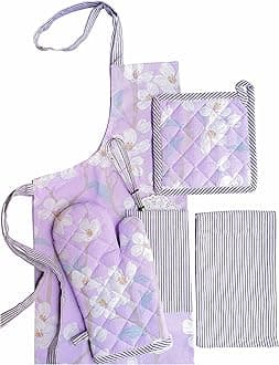 PIXEL HOME DECOR Printed Apron With Oven Mitt and Pot Holder with Kitchen Towel - Cherry Blossom Collection (Lilac Blossom)