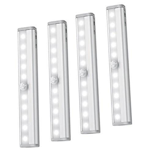 Motion Sensor Light Bar, (10 LED, 4 Pack), Battery Operated LED Closet Night light with Portable Sticky Back for Wall Cabinet Stairway Bathroom Pantry