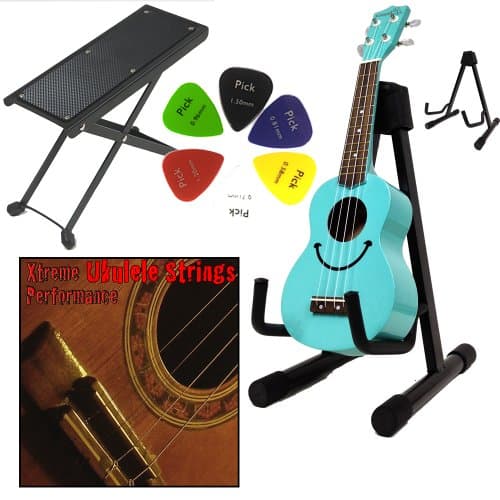 A Tripod for Ukulele Acoustic Guitars And Stringed Instruments with Adjustable System + Guitar Foot Rest + Ukulele String Set with 6 Picks