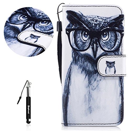 iPhone 7 Case,iPhone 8 leather Case,iPhone 7 Wallet Case,Huphant Premium Leather Wallet Case Cover Magnetic Closure Book Style Flip Case Cute Animal Pattern Design Panda Dog Lion Flower Cat Monkey Owl Forest Corji Ultra Slim Heavy Duty Shockproof With ID Card Slots Holder Money Pouch Silicone TPU Inner Protective Bumper Wrist Strip Protective Stand Case Leather Case for iphone 7/8 + 1 Black Retractable Dust Plug Stylus Pen-Owl