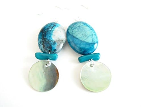 Beaded Abalone Shell Dangle Blue Agate Stone Drop Earrings Semi Precious Jewelry for Women