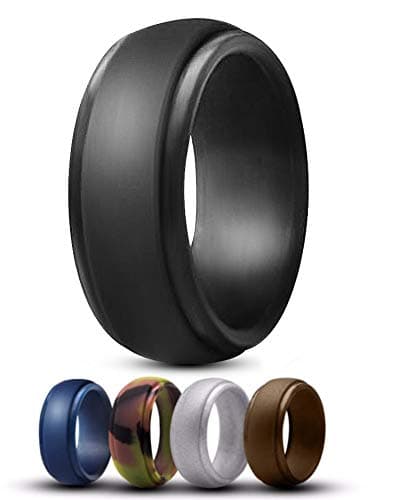 Silicone Rubber Wedding Ring for Men- 5 Pack Step Edge Comfortable Low Profile Design. Black, Brown, Camo, Blue & Grey