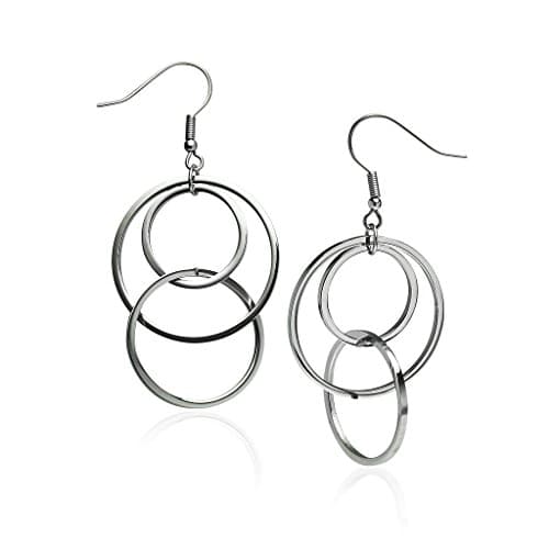 Stainless Steel Earring, Silver Tone 3 Circle Interlock Dangle Hook Earring for Women Girls