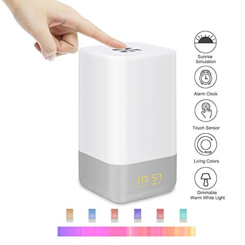 BEROSS Wake-Up Light Alarm Clock Touch Sensor Bedside Lamp Night Light Atmosphere Mood Light with 5 Natural Sounds and Sunrise Simulation Rechargeable LED Color Changing (Wake Up Light)