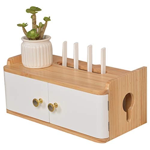 GXFC Solid Wood Storage Box Router Wireless WiFi Rack Wall Mount Floating Shelf Storage Rack with Door, Patch Panel Power Cord Wall-Mounted Shelf Shop (White)