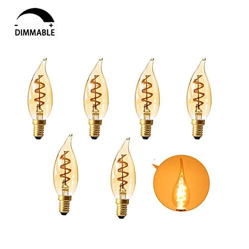 E12 Edison Flexible LED Filament Bulb,C32 (Flame Tip Shape) Vintage Spiral Lamp,Super Warm White 2200K,150 Lumen 3W Equivalent 25W Amber ,Dimmable,CRI>90 -6Pack