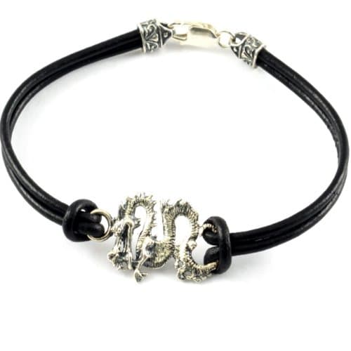 Silver Dragon Black Leather Bracelet