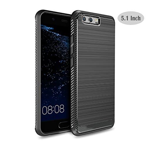 Huawei P10 Case, Screen Protector Tempered Glass Include Sturdy Defender Durable Slim Armor Matte Finish Texture Rubber Bumper Protection Protective Case for Huawei P10 - Black