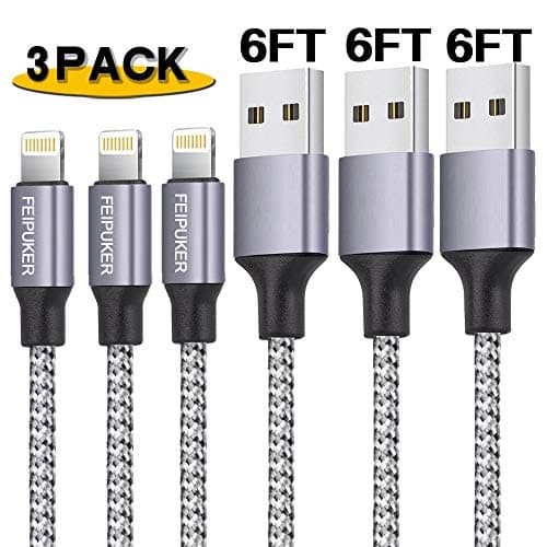 Lightning Cable, 6FT 3 Pack Nylon Braided Cord Syncing and Fast iphone charger (gray & white)