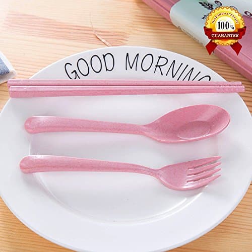 Top Rated QG 2 Sets Creative Tableware - Fork, Spoon and Chopsticks Made by Wheat Straw - Environment Friendly, Safe to Use and Very Suitable for Camping, Picnic and Travel. (2 Set Pink)