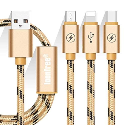 Multi USB Cable, Multi Charger Cable, Multi Charging Cable, 3 in 1 3A 1.2m Micro USB/USB Type C Nylon Braided USB Charger Data Cable Compatible with 7 7 Plus 6s 6s Plus 6 6 Plus-Gold