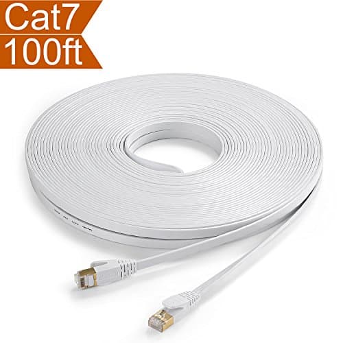 CelerCable Network Cable shielded(STP) CAT7 100 Feet with Snagless RJ45 Connectors - Flat Slim Ethernet Patch Cable - Internet Patch Computer Networking Cord, 100ft (White)