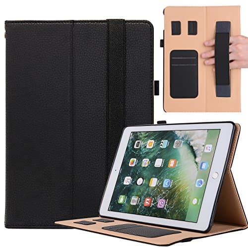 Wonzir iPad Case for New iPad 9.7(2017 2018)/ iPad Pro 9.7/ Air 1 2, Premium Leather Protective Case Smart Auto Wake/Sleep Folio Cover with Multi Angle Stand Hand Strap Card Slot Pencil Holder (Black)