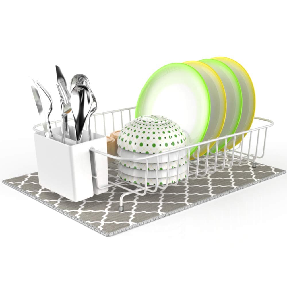Dish Drying Rack, Veckle Dish Rack with Microfiber Dish Drainer Mat, Utensil Holder, Cutting Board Holder Dish Wire Rack for Kitchen Countertop, White