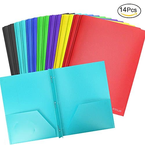 EOOUT 14pcs Two Pocket Poly File Portfolio Folder with 3 Prongs Fasteners, 7 Colors