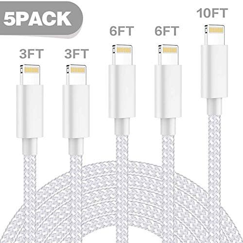 SUMLIB iPhone Charger MFi Certified Lightning Cable 5 Pack (3/6/10FT) Extra Long Nylon Braided USB Charging & Syncing Cord Compatible iPhone Xs/Max/XR/X/8/8Plus/7/7Plus/6S/6S Plus/SE/Nan More Sliver