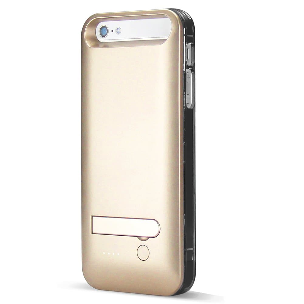 ELETA iPhone 5 5s battery charging case, Rechargeable extended protective Battery Case with built-in kickstand, Lighting Connector Output, MicroUSB Input- 120% Additional Battery Life (2400mAh) (Gold)