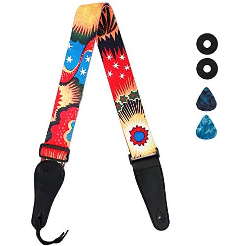 Guitar Strap with Leather End, Include 2 Strap Locks & 2 Picks. Length Adjustable, Suitable for Electric Guitar, Acoustic Guitar and Bass - Unique Gift For Guitarist (Red)