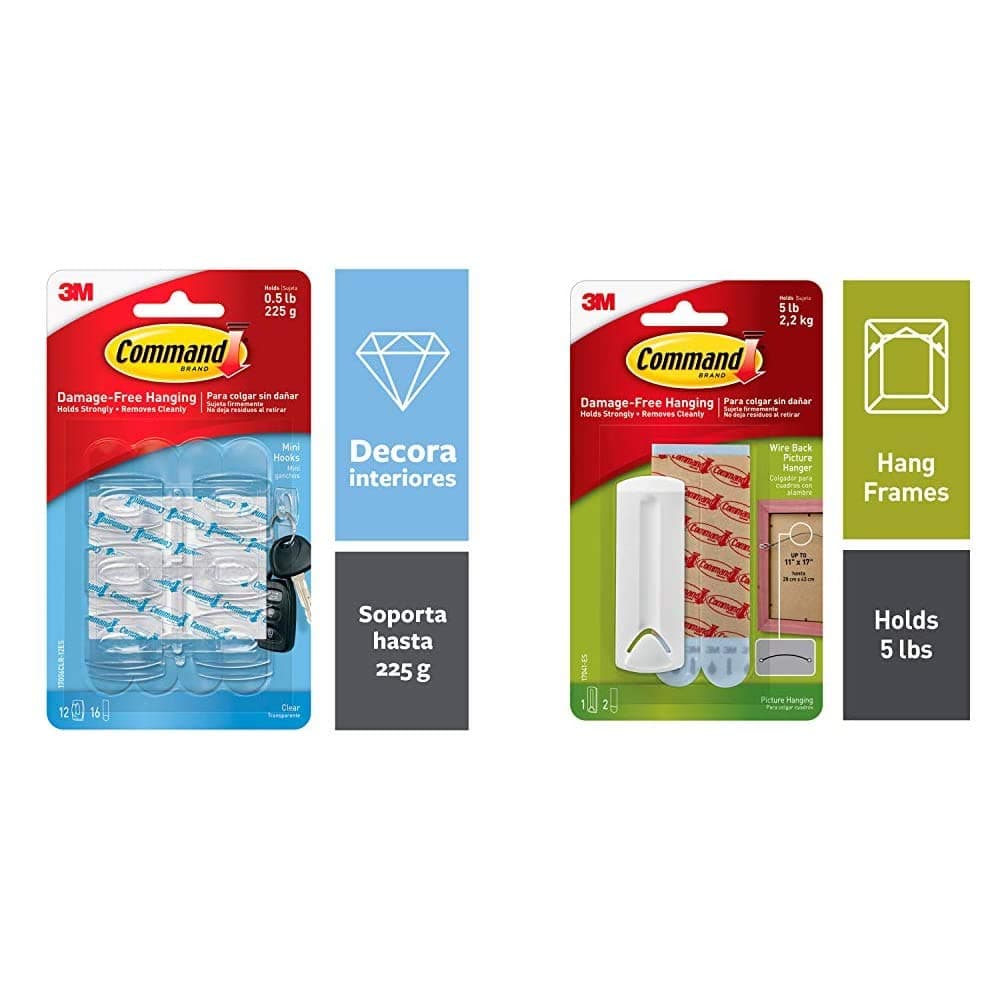 Command Mini Hooks, Transparent, Holds 225 g, (6 hooks, 8 strips), No Drilling, Holds Strong, No Wa & Wire-Back Plastic Picture Hanger, Holds 2.2kg, No Drilling, Holds Strong, No Wall Damage (1 Combo)