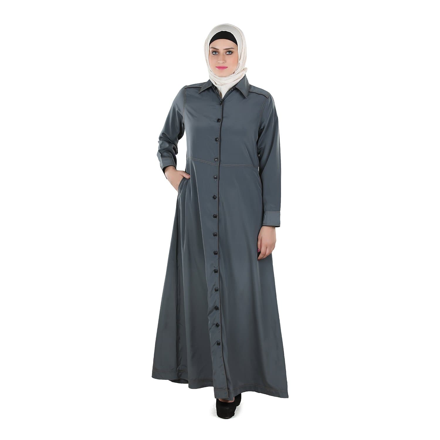 Momin Libas Grey Polyester Stitched Burqas