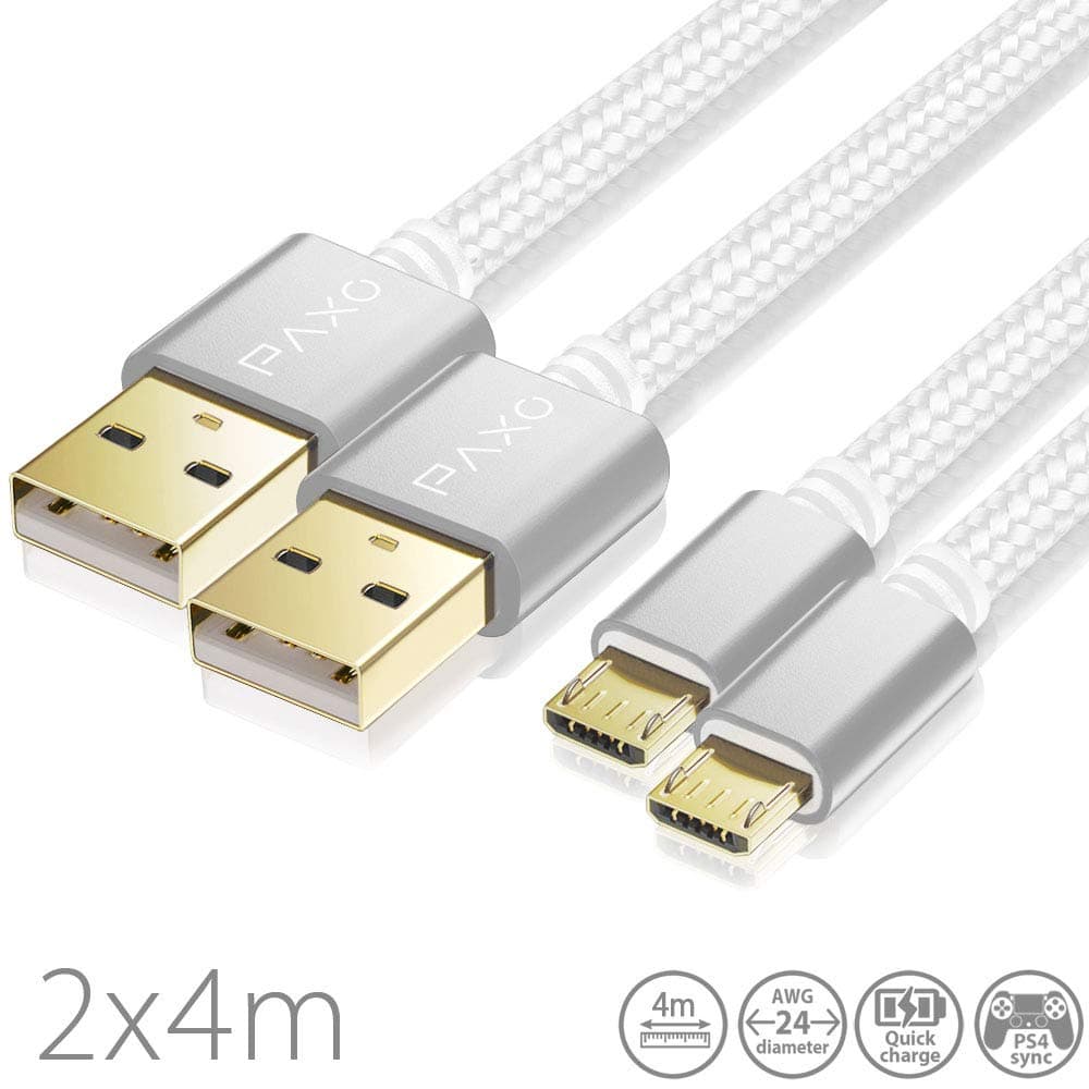 2x 4m Nylon PS4 Charging Cable for Playstation 4 Controller, Micro USB Cable, Micro USB Charging Cable, Micro USB, Fabric Jacket, Aluminum Plug, white