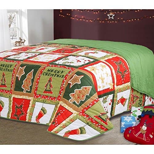 Christmas Reversible Patchwork Bedspread Throw Blanket Red Green Gold Tree Stocking (Christmas Patchwork, Double (225x250cm))