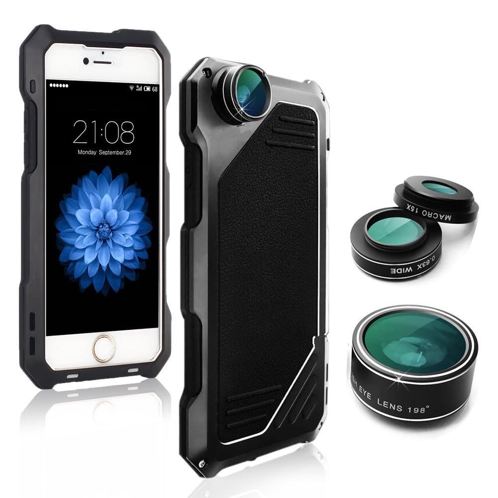 Desel iPhone 6 Plus/6s Plus Camera Lens Case with HD 198 Fish Eye Lens/15X Macro Lens /0.63 Wide Angle Lens Full Boy P54 Dustproof Shockproof Alluminum Case Cover Built-in Screen Protector 5.5 Inches