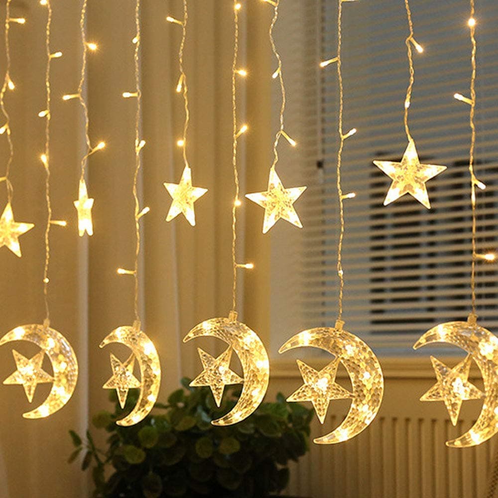 Eid Moon Curtain Lights with Star String Light,138 LED Curtain Lights,8 Modes Waterproof String Lights for Window,Fireplace, Garden,Patio Eid Decoration