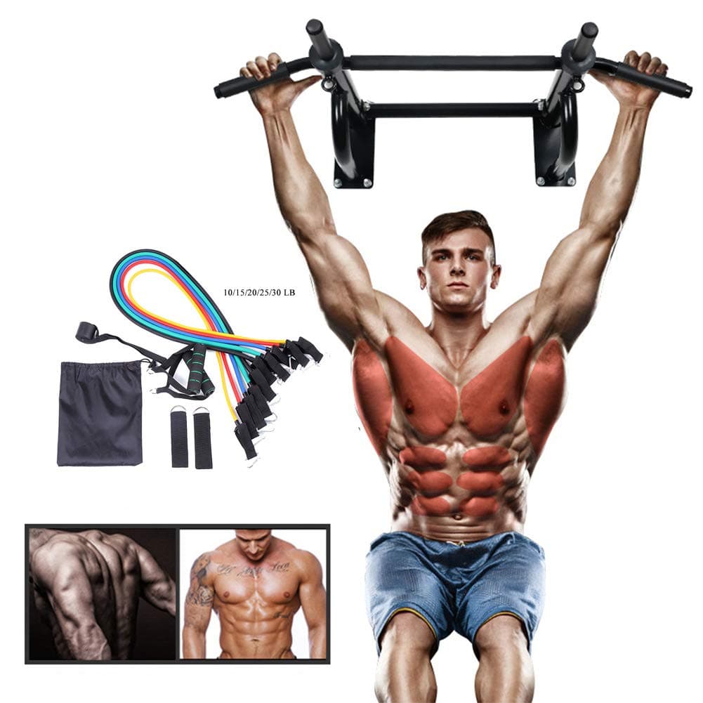 DAGUO Pull Up Bar Wall Mounted Strength Training Pull-Up Bars, Exercise Horizontal Bar Fitness Equipment, Dip Station and Exercise Resistance Band Set