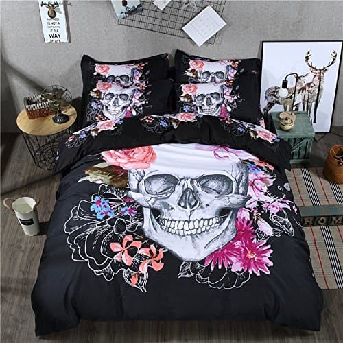 Prom Bedding Polyester 3-Piece Black Bedding Sets Gothic Dark Skull and Roses Vines 3D Printing Bedding Set King Size (No Comforter)