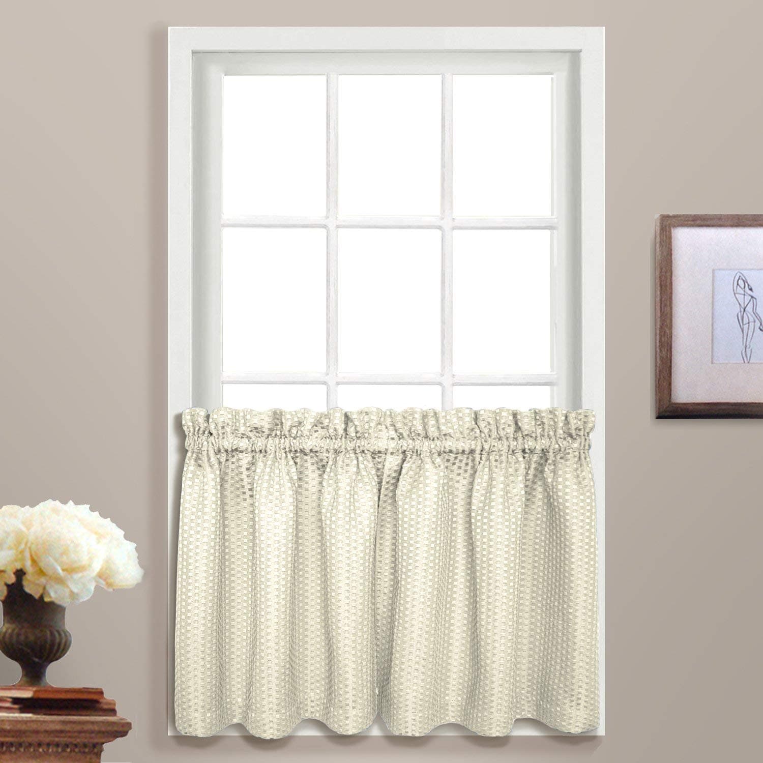 1PC Waffle Weave Solid Embroided Fabric Window Kitchen Tier and Colors Matching Tier, Panels and Valance All Sold Separately (36" Long, Sage)