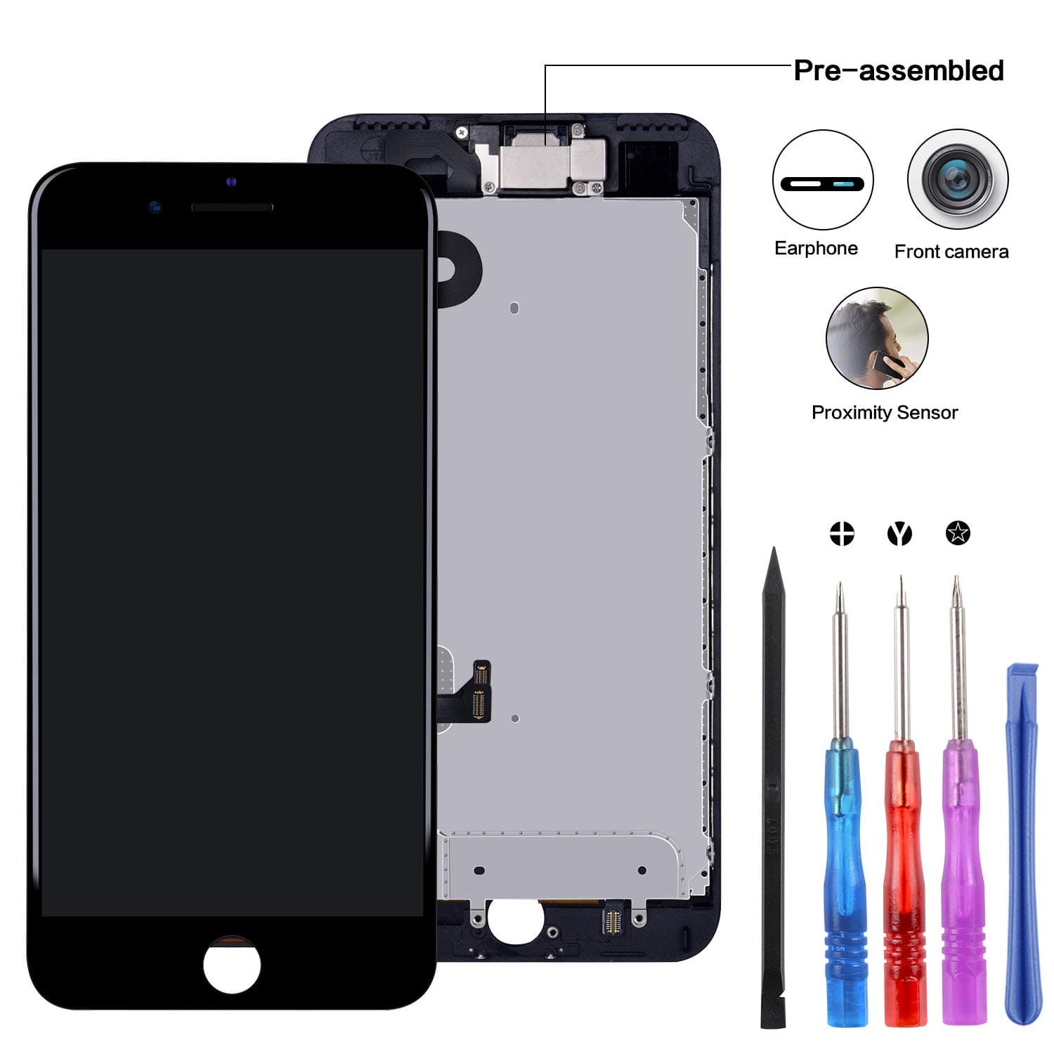 YPLANG Compatible for 7 Plus Screen Replacement 5.5'' Black LCD Digitizer Touch Screen Assembly Set with 3D Touch Replacement, Proximity Sensor,Front Facing Camera,Earpiece Speaker …