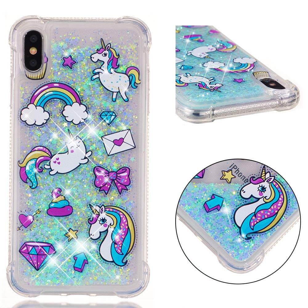 YMHML Glitter Case Compatible with iPhone Xs MAX (2018 Release) 【6.5 Inch】 Luxury Fashion Bling Flowing Liquid Floating Sparkle Glitter Cover Print Unicorn Cute Cartoon TPU Bumper Case (Blue)