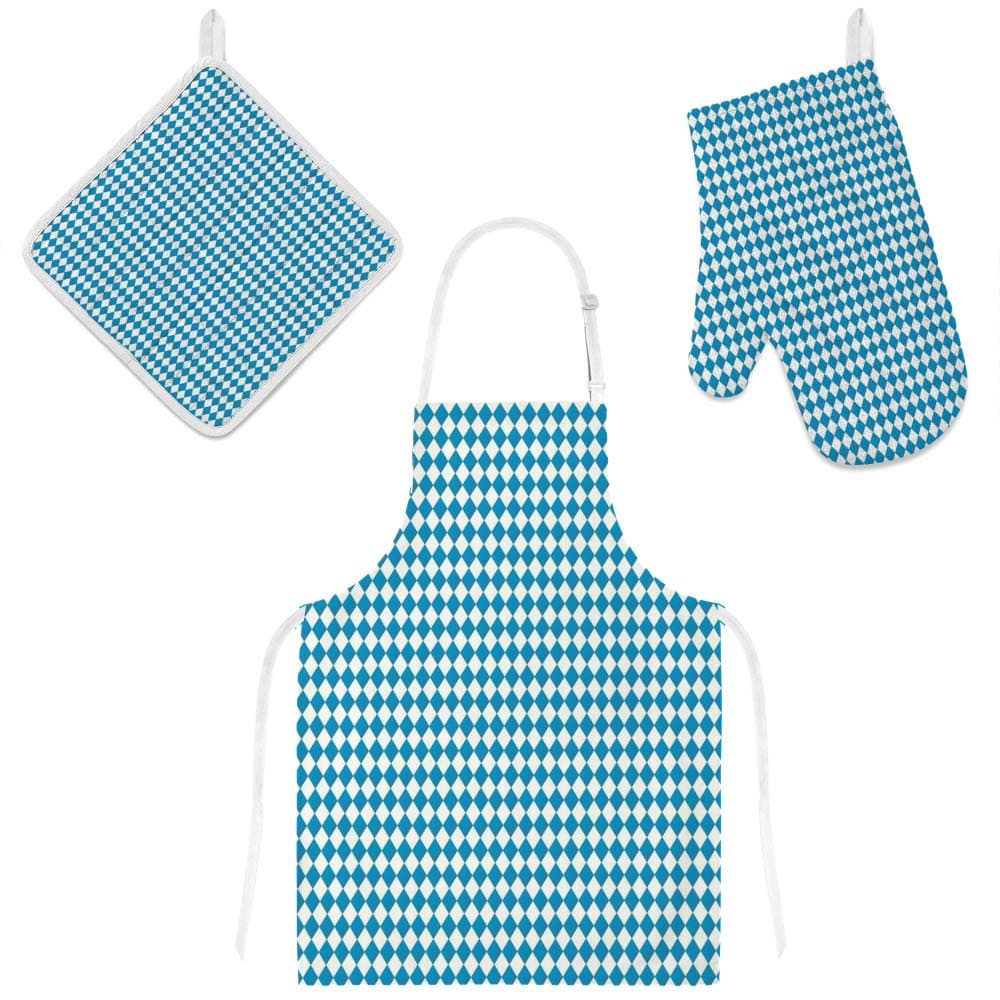 Lafle Oven Gloves Insulation Pad Apron Blue White Checkered Pattern Polyester Three-piece Heat-resistant Non-slip Restaurant Kitchen Chef Cooking BBQ Baking