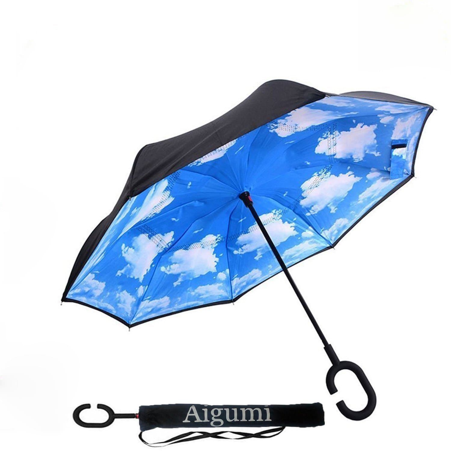 AIGUMI Inverted Reverse Windproof Umbrella Self Standing Waterproof Reverse Folding Double Layer Inverted Travel Umbrella