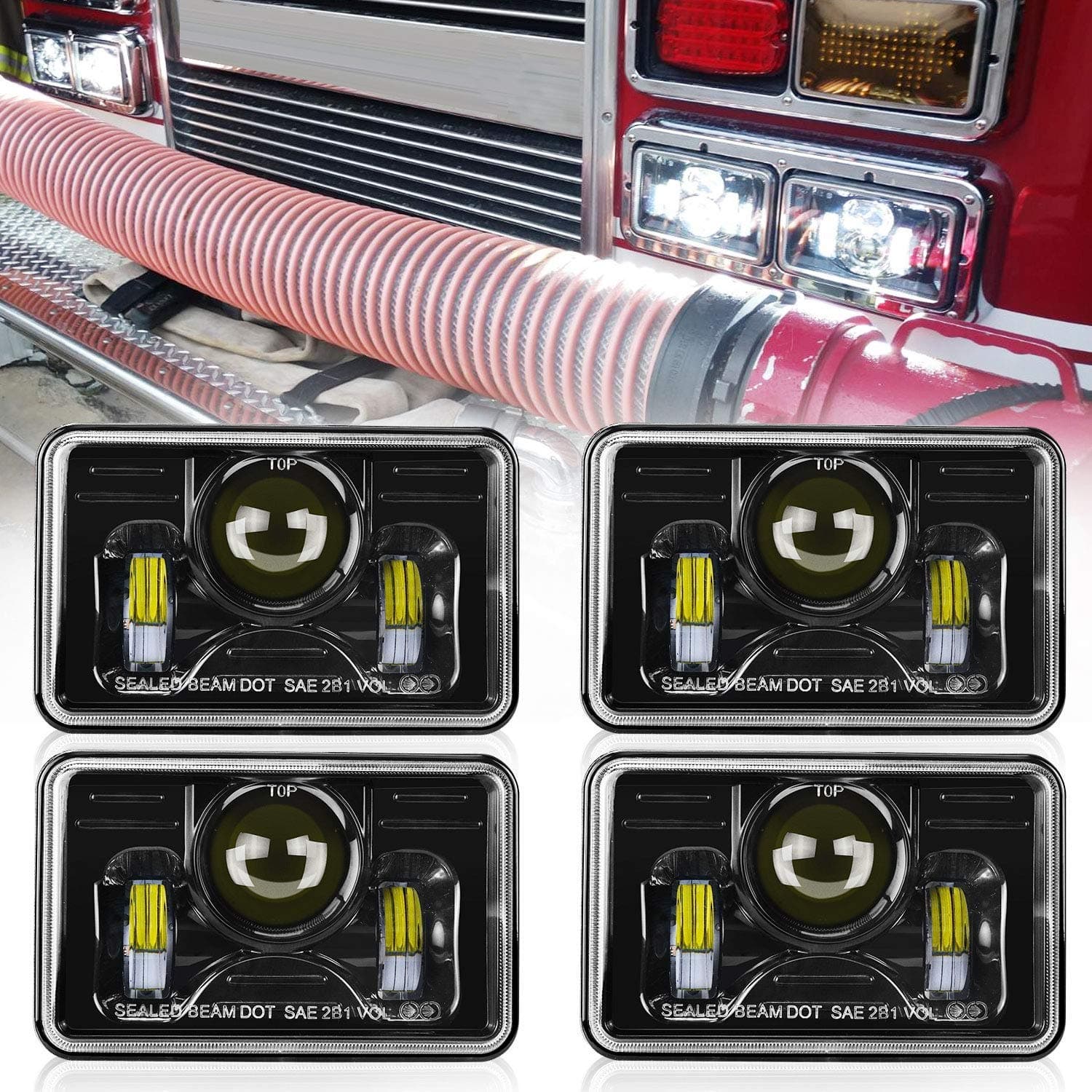 4 PCS DOT Approved Rectangular 4x6 LED Headlights H4651 H4652 H4656 H4666 H6545 for Peterbilt Kenworth Freightinger Ford Probe Chevrolet Oldsmobile Cutlass-(2pcs High Beam/2pcs Low Beam)