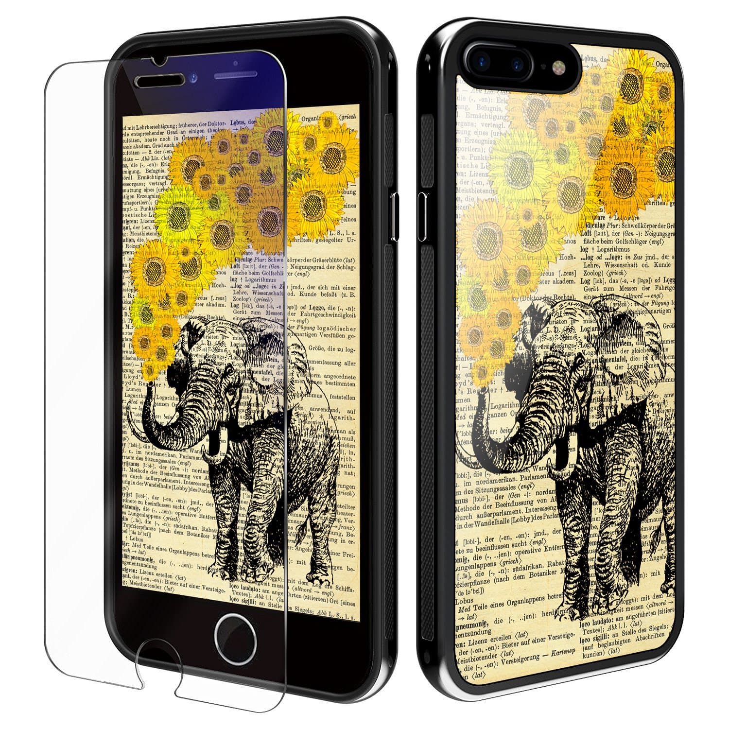 iPhone 8 Plus Case YiPG Elephant Sunflower Dictionary Phone Case for Apple iPhone 7/8 Plus (5.5 inch), Protective Kit with Blue Light Filter (Eye-Protect) Tempered Glass Screen Protector … (Elephant)