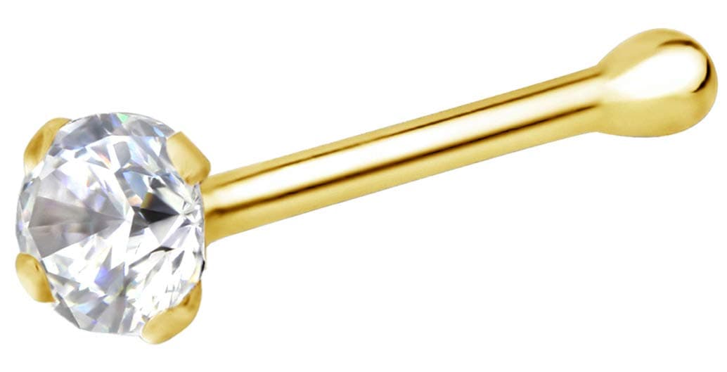 FBJ 14k Nose Ring, 22g, Solid 7mm Micro Stud, 2mm CZ Simulated Diamond, Non-Irritating Skin Safe Real Gold, Women/Men (Sold Individually)