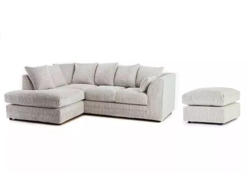 Germodify JUMBO CORD LEFT/RIGHT HAND CORNER SOFA SUITE SET + FOOTSTOOL (7 COLOURS) (CREAM, LEFT HAND SOFA + FOOTSTOOL)