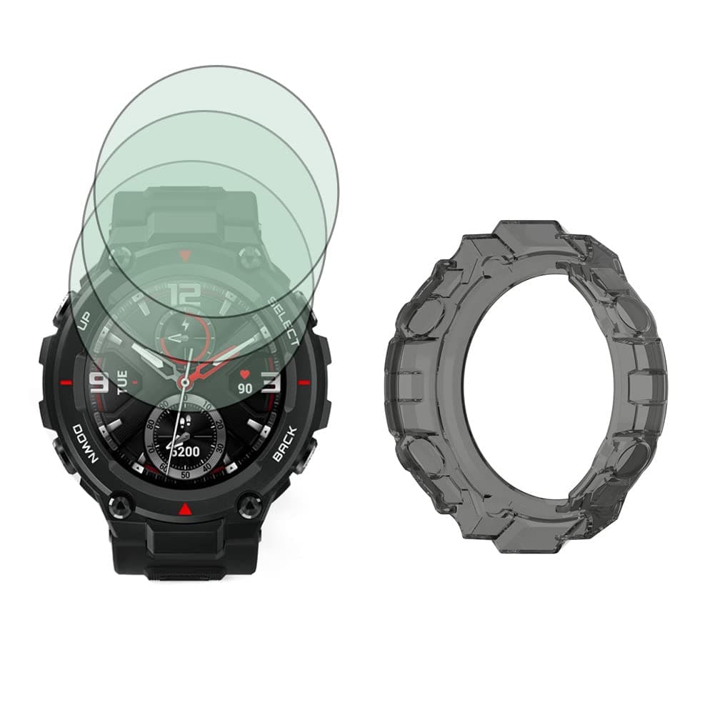 Watch Screen Protector (3+1Pack) Compatible for Amazfit T-Rex/T-Rex Pro, Tempered Glass Film Anti-Scratch High Definition Full Coverage and Soft TPU Protective Case, Black, D35mm