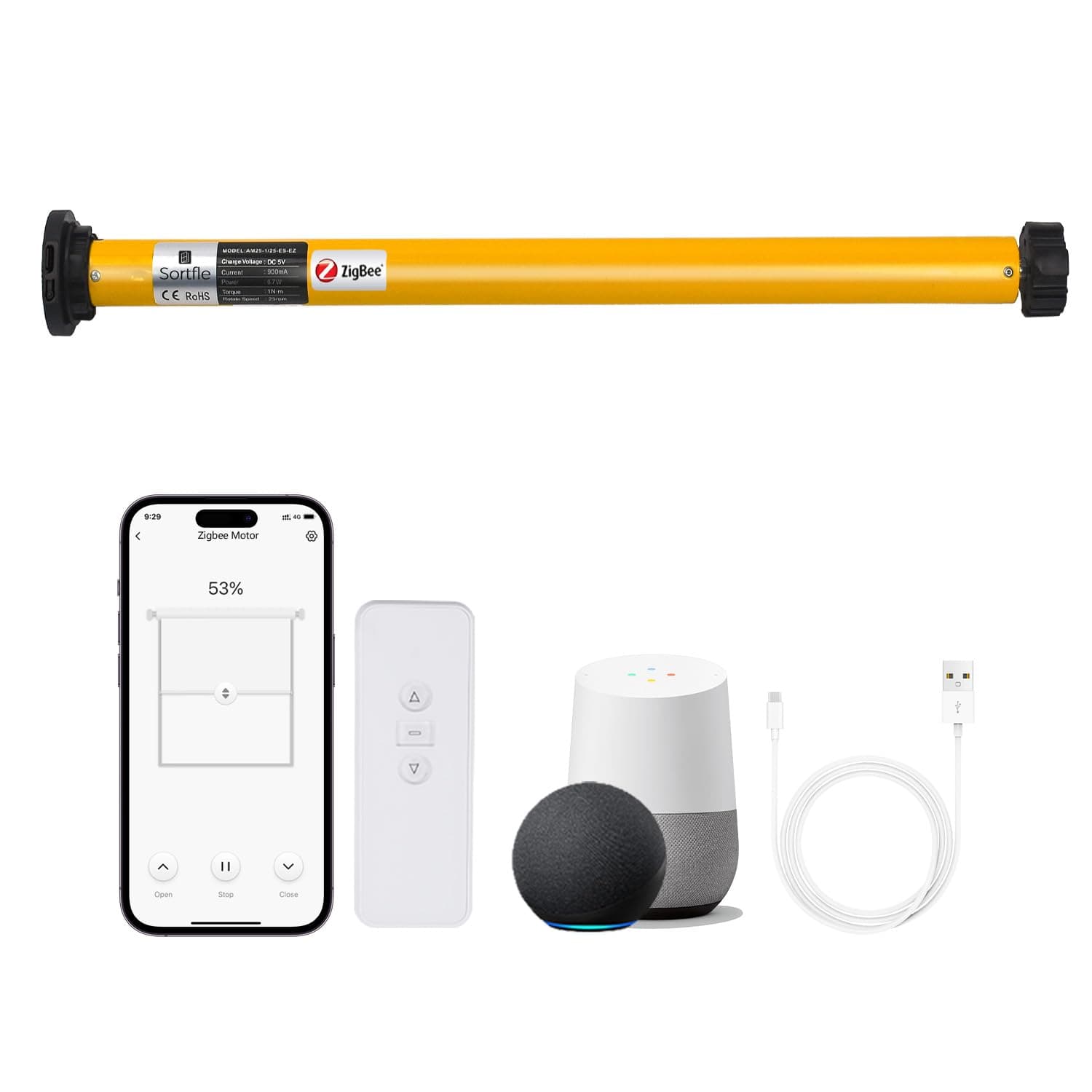 Sortfle 1.5" Zigbee Blinds Motor Rechargeable, Automatic Blinds Opener-No Wiring, Wireless App or Timer Control, Add Shade Motor Compatible with Alexa, Google Home