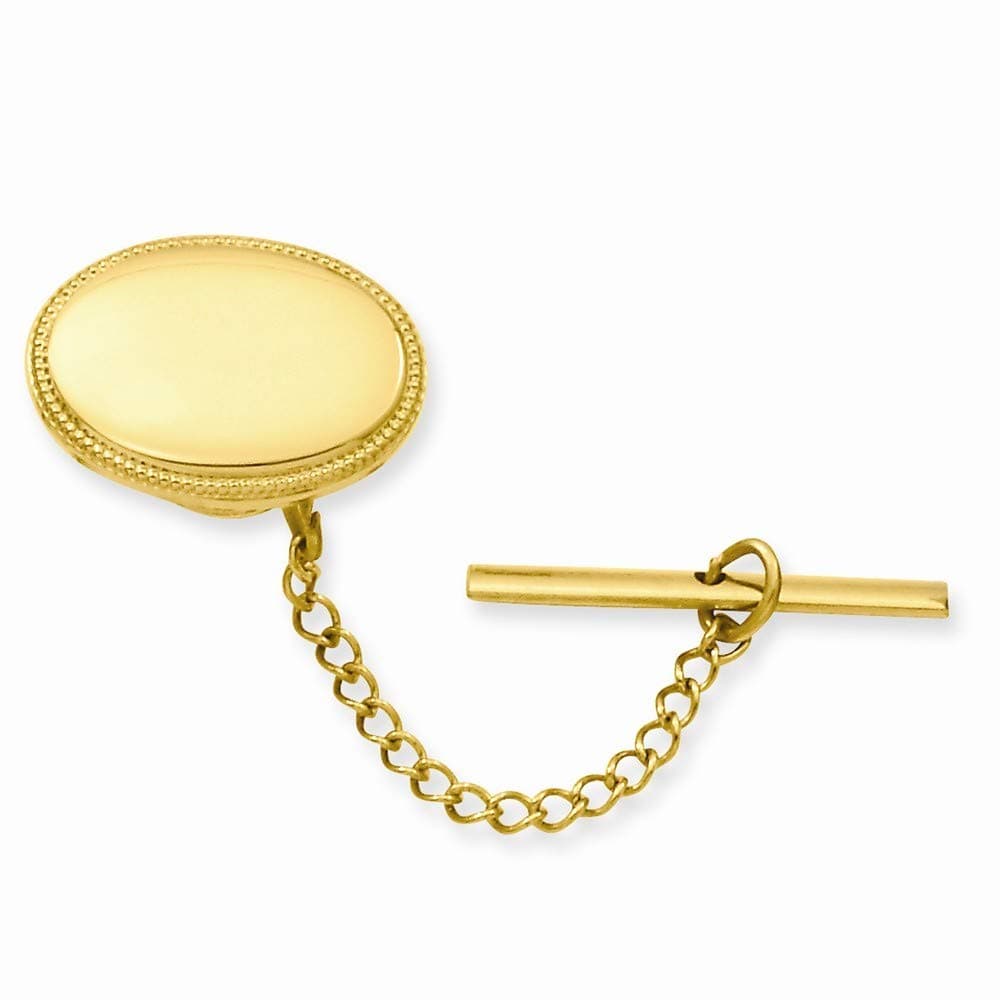 Gold Plated Solid Polished Engravable (Front only) Oval Beaded Tie Tack Measures 11x18mm Wide Jewelry for Men