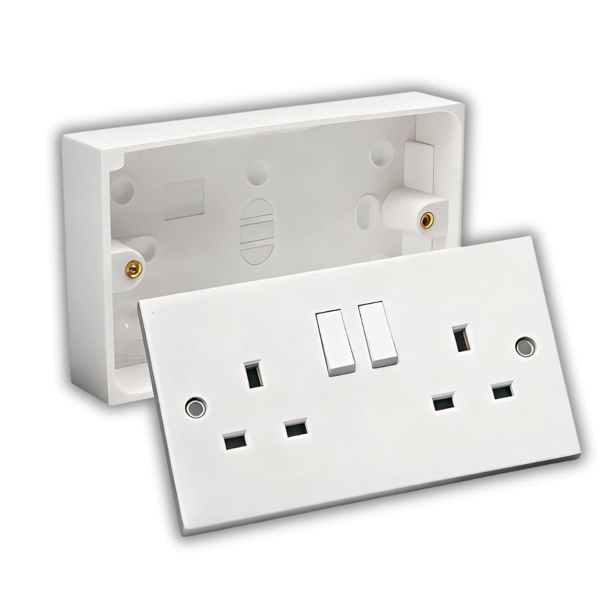 13A Double White Switched Socket & Double Surface Mount 25mm Pattress Box 2 Gang Set Electrical Outlets (1)