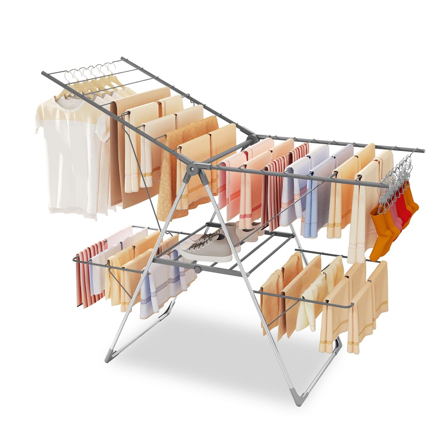 Clothes Drying Rack Foldable, 2-Level Large Laundry Drying Rack Collapsible, Stainless Steel Drying Rack Clothing for Indoor Outdoor, Easy to Fold, 33 Drying Rails, 142cm, Gray